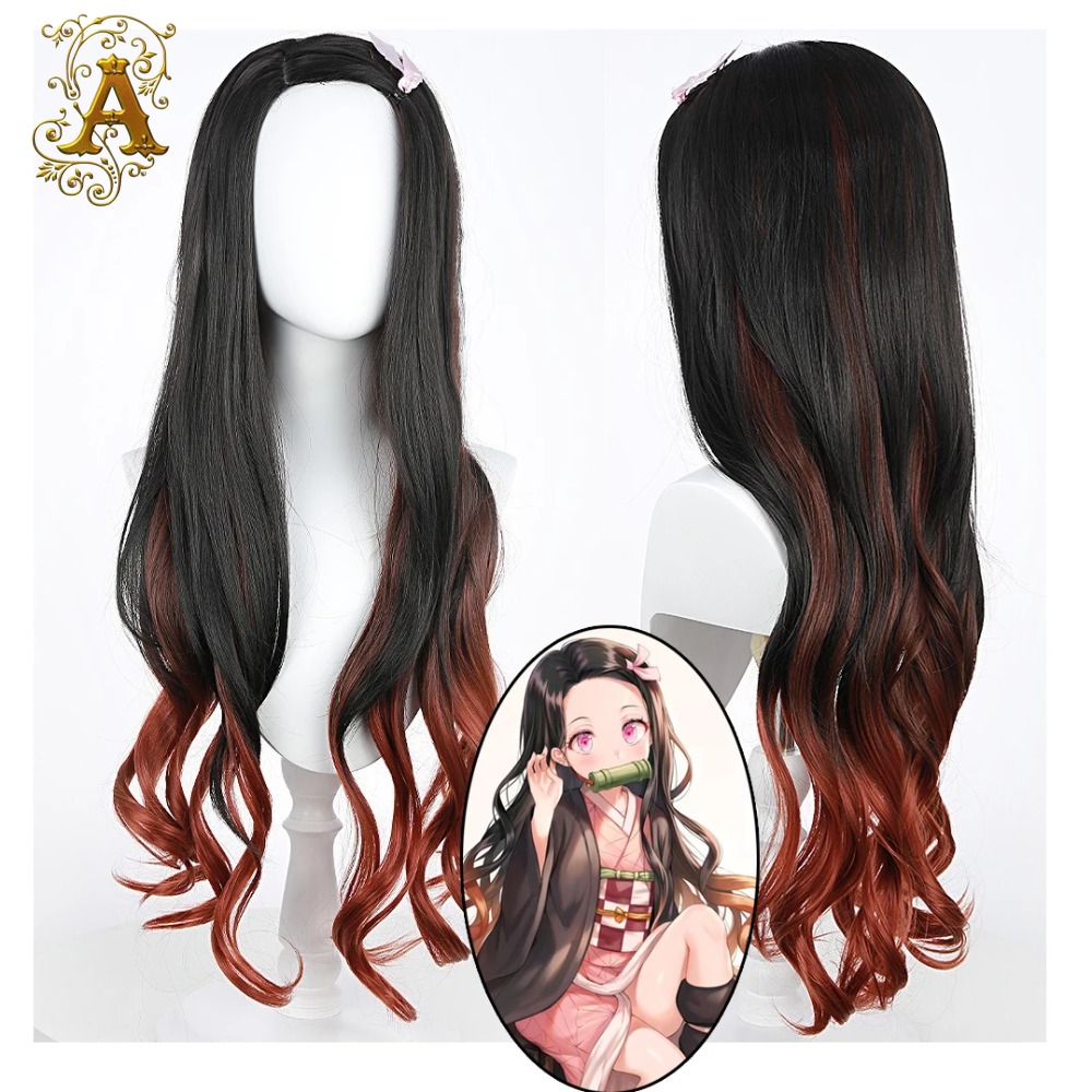 Anime Cosplay Long Black Hair - Черный с темно-красным градиентом кудрявый длинный
